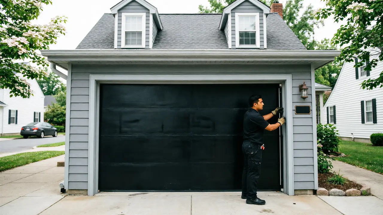 A technician in a black shirt and work gloves adjusts a black garage door.