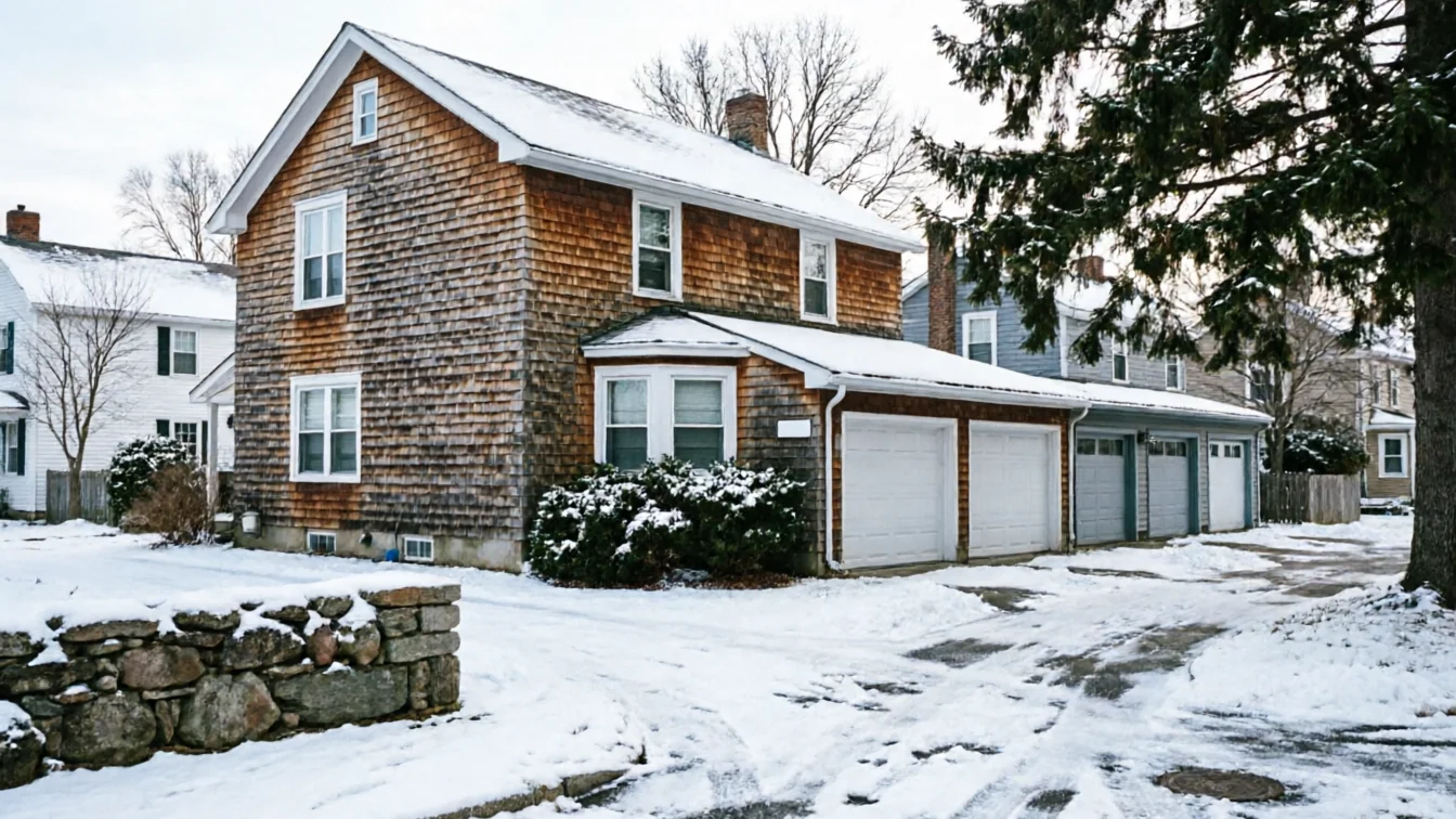 A two-story house with cedar shingles and three white garage doors in winter.