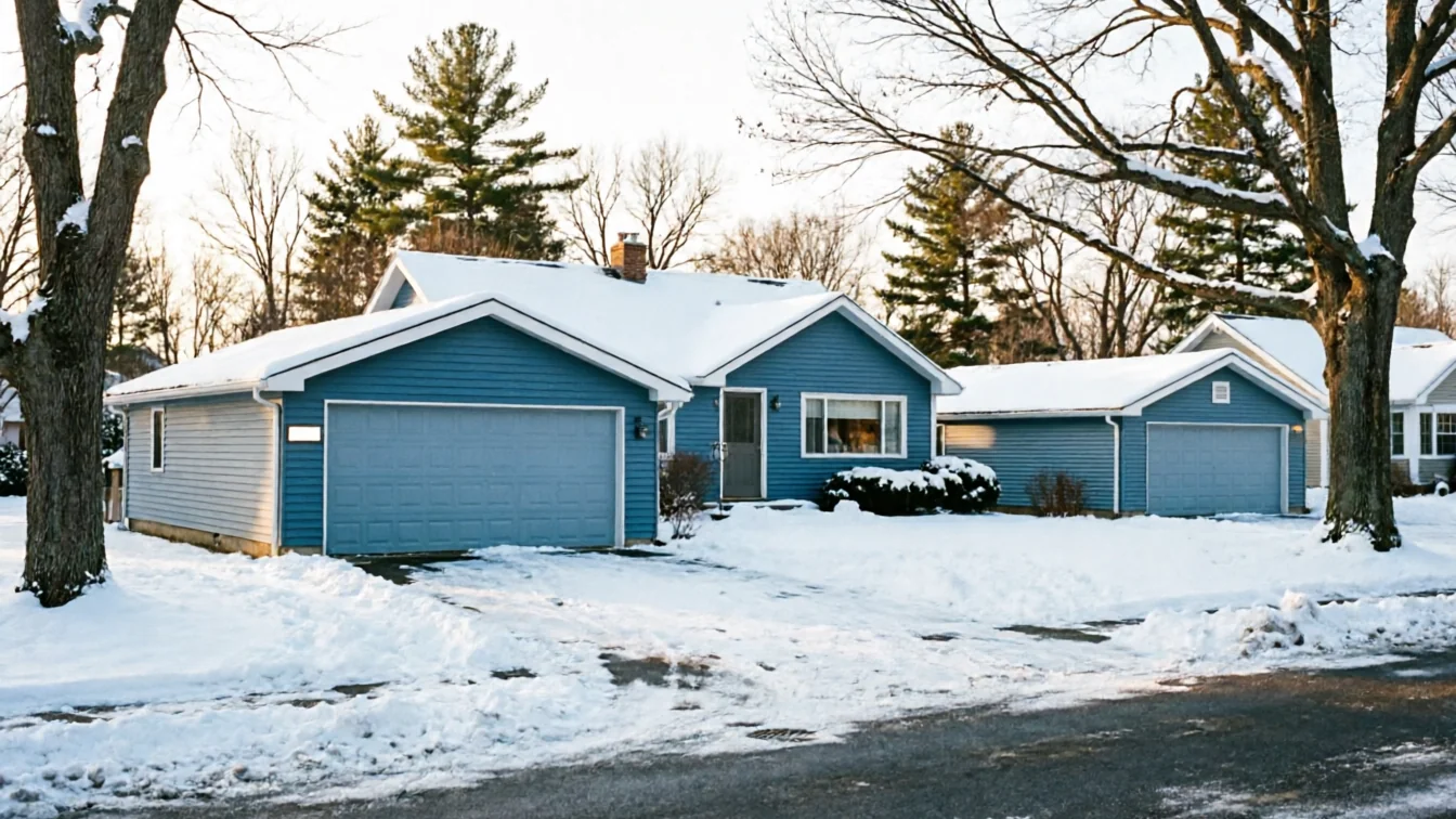 A blue house with two attached garages and a detached garage, all with snow on the roofs.