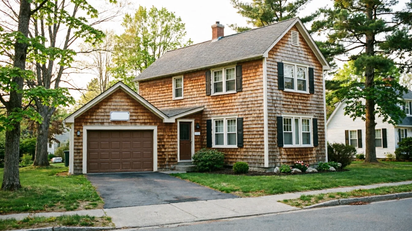 A two-story house with wood shingles and a brown garage door.