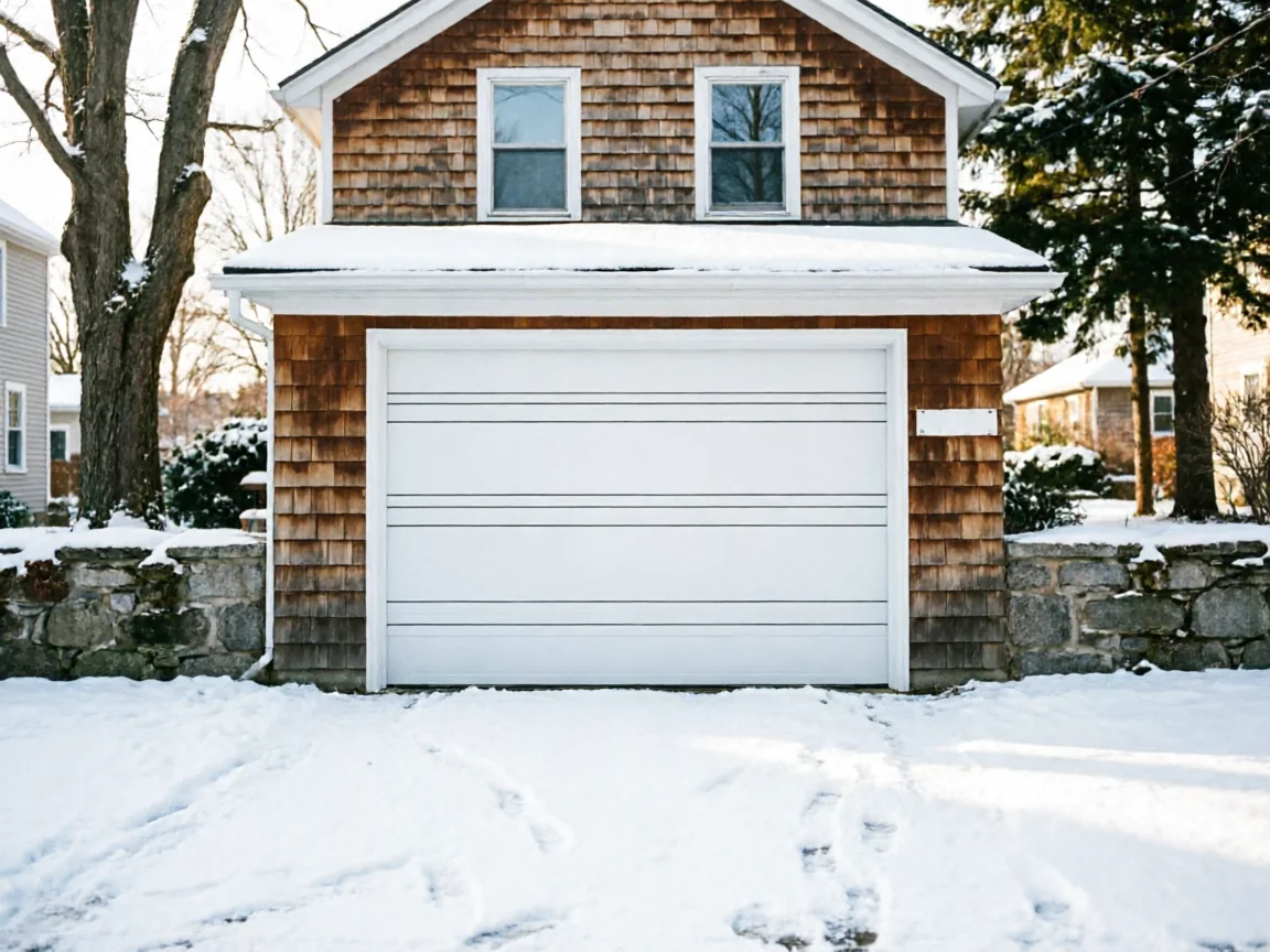 The house has a white garage door, cedar shake siding, and a snow-covered driveway.