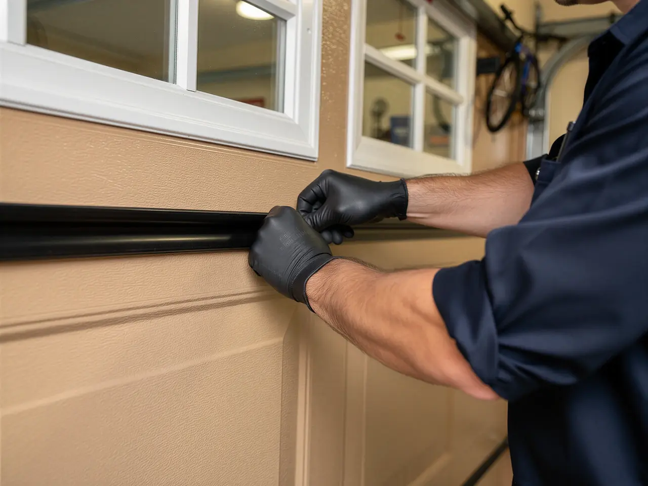 A technician wearing black gloves installs a black weather seal on a tan garage door.
